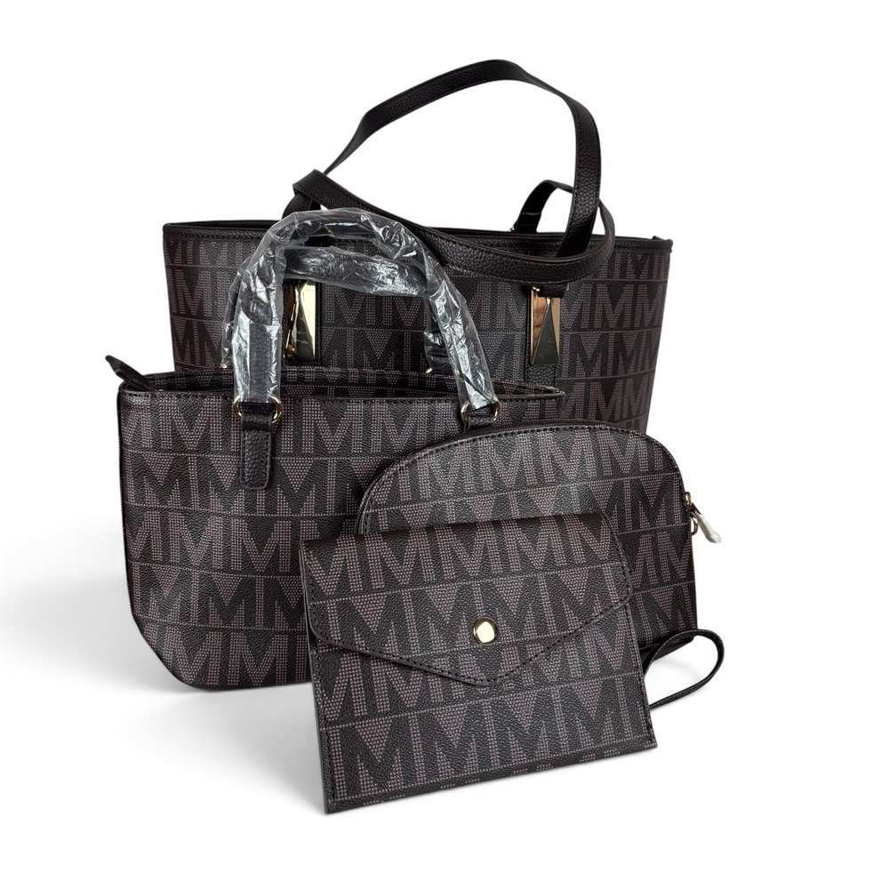 Monogram 4-Piece Handbag Set Tote Satchel Pouch Wallet Brown Gold Tone Hardware